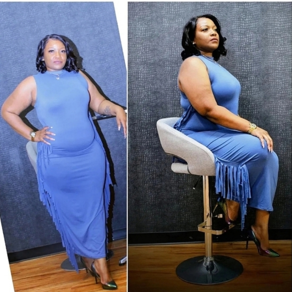 New Plus-Size Light Blue Long Bodycon Maxi Dress With Tassels.
